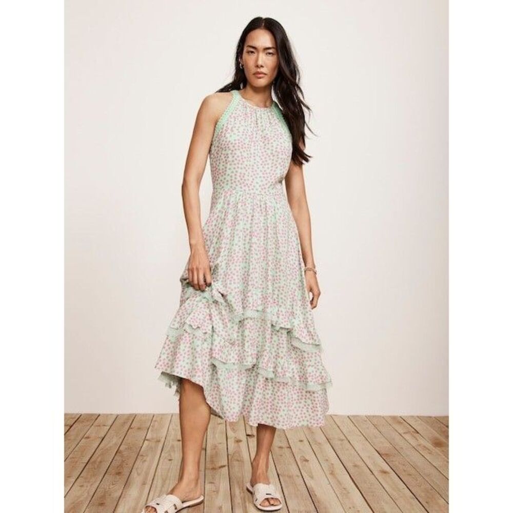 Mint Velvet Blue Tiered Midi Dress Polka Dot Ruffle Crochet Lace UK-8 S 277895